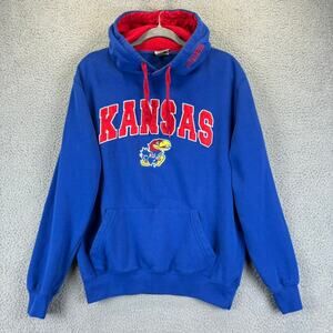 Kansas Jayhawks Hoodie Mens Medium Blue Spellout Logo NCAA Pullover VTG
